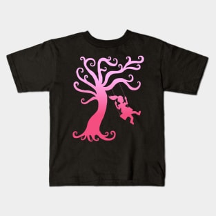 Pink Girly Tree Swing Silhouette Kids T-Shirt